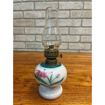 Vintage Small Milk Glass Oil Kerosene Lamp Hand Painted Flowers Glass Chimney