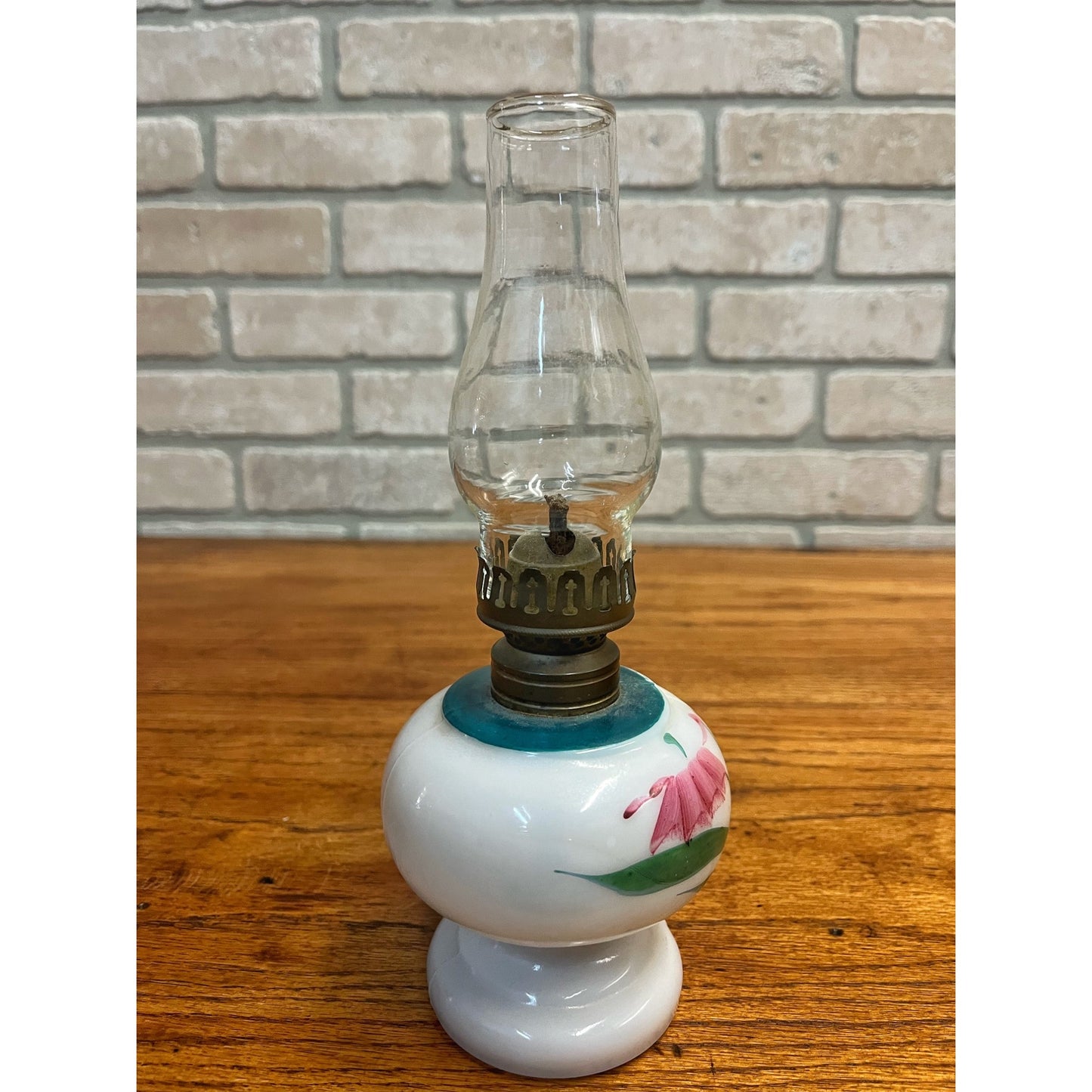 Vintage Small Milk Glass Oil Kerosene Lamp Hand Painted Flowers Glass Chimney