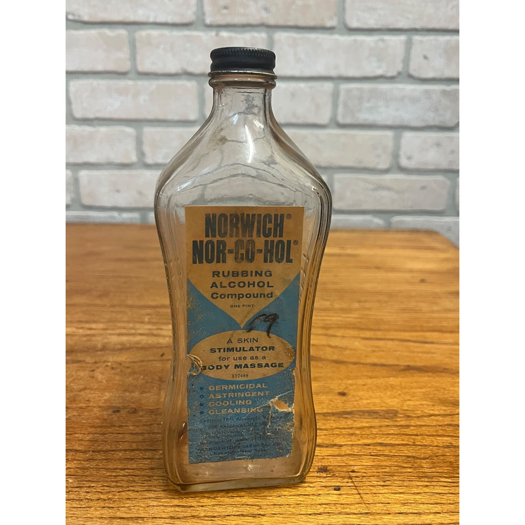 Vintage Norwich Nor-Go-Hol Rubbing Alcohol Bottle Pharmacy Medical Advertising