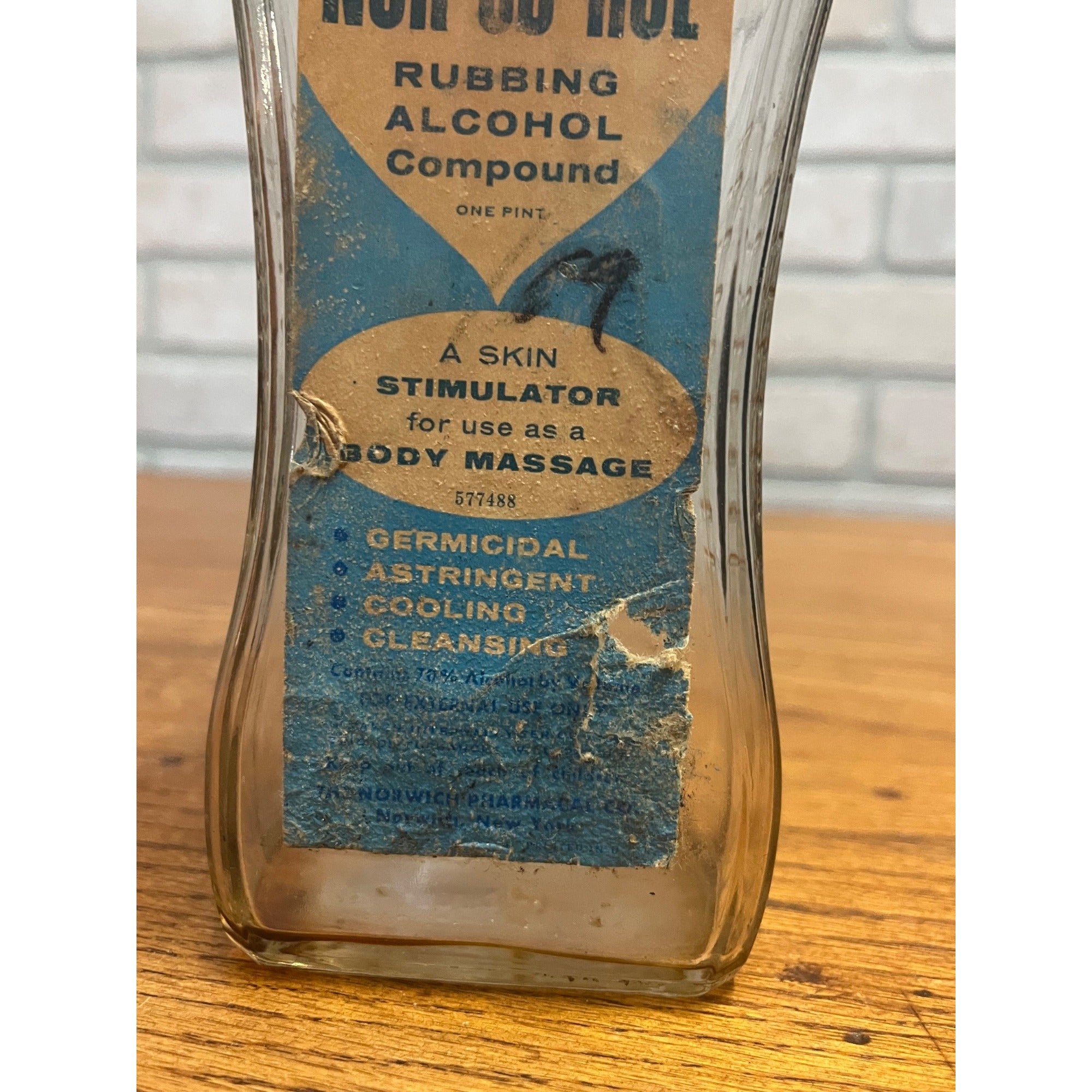 Vintage Norwich Nor-Go-Hol Rubbing Alcohol Bottle Pharmacy Medical Advertising