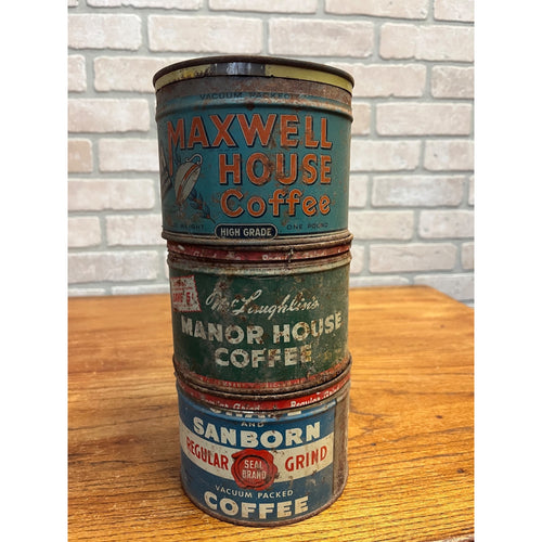 Lot of (3) Rusty Coffee Tin Cans Kitchen Decor Maxwell Sanborn Mclaughlin