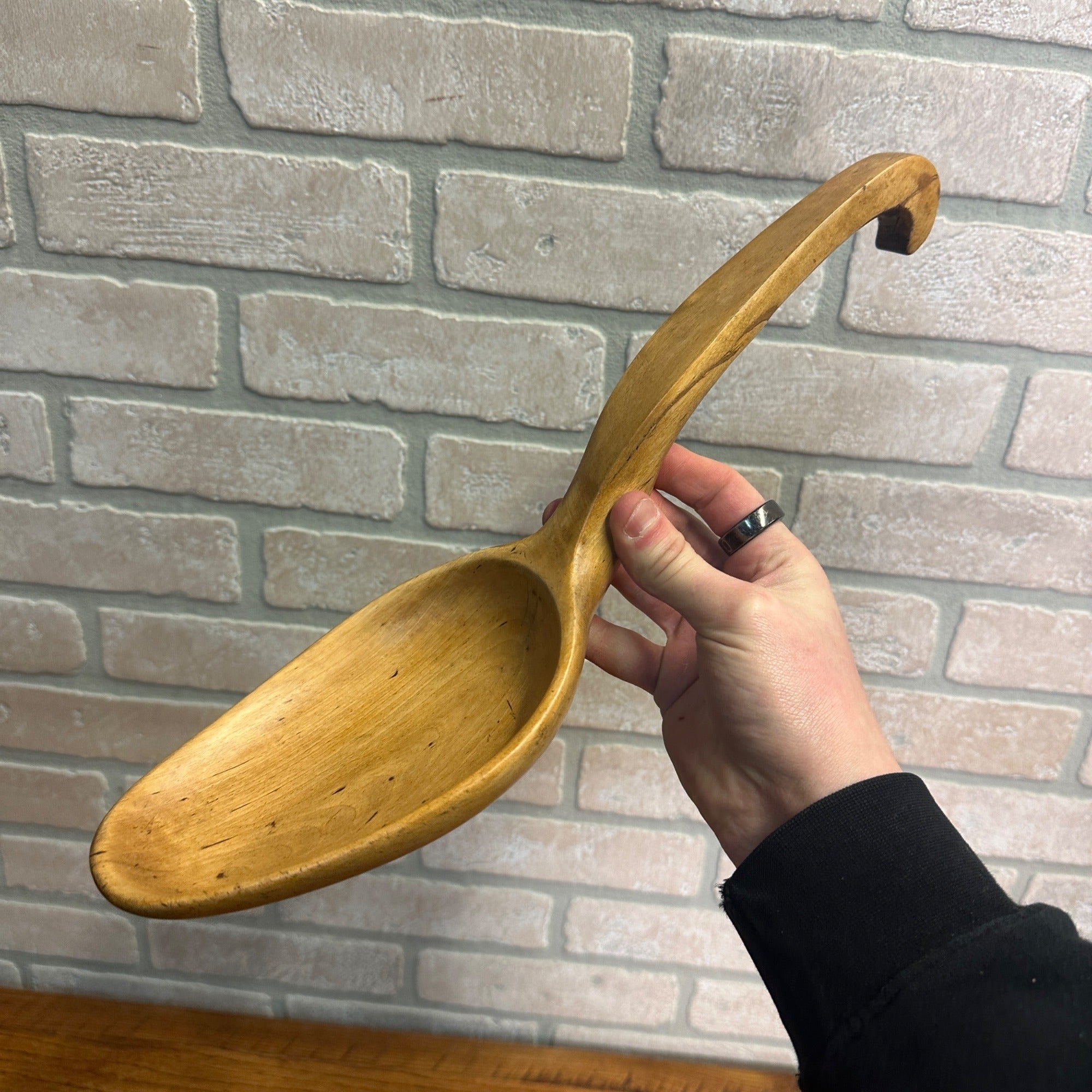 Antique Primitive Large 14.5” Hand Carved Wooden Wood Serving Spoon Curved Notch