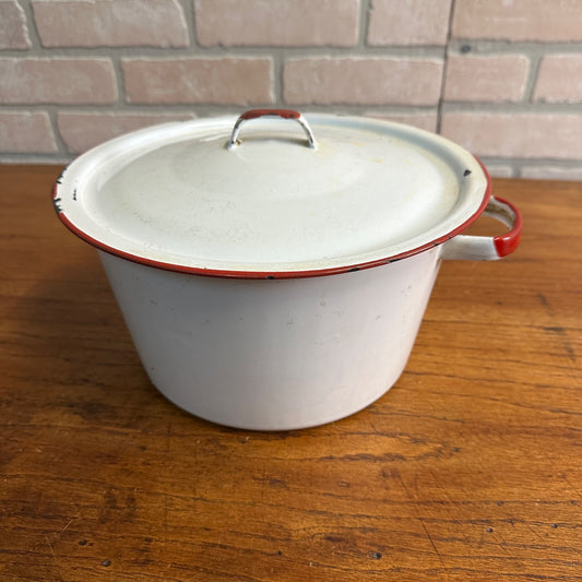 Vintage Stock Pot Red & White Enamelware w/ Lid Enamel Kitchen Decor