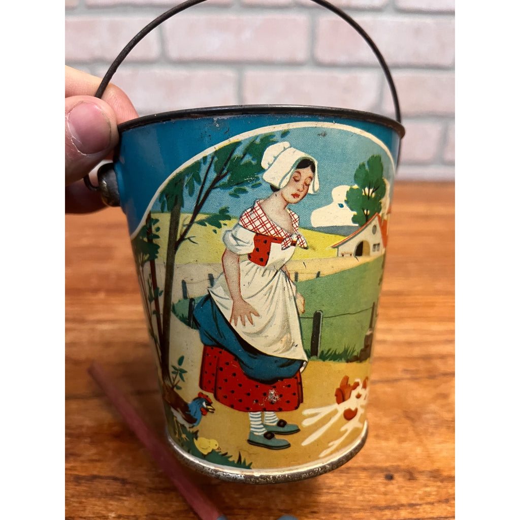 RARE Vintage Child's Sand Pail Toy Tin Litho Milkmaid & Her Bucket Aesop Fable
