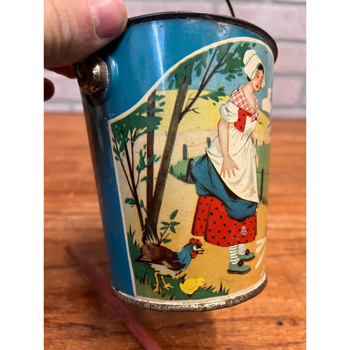 RARE Vintage Child's Sand Pail Toy Tin Litho Milkmaid & Her Bucket Aesop Fable