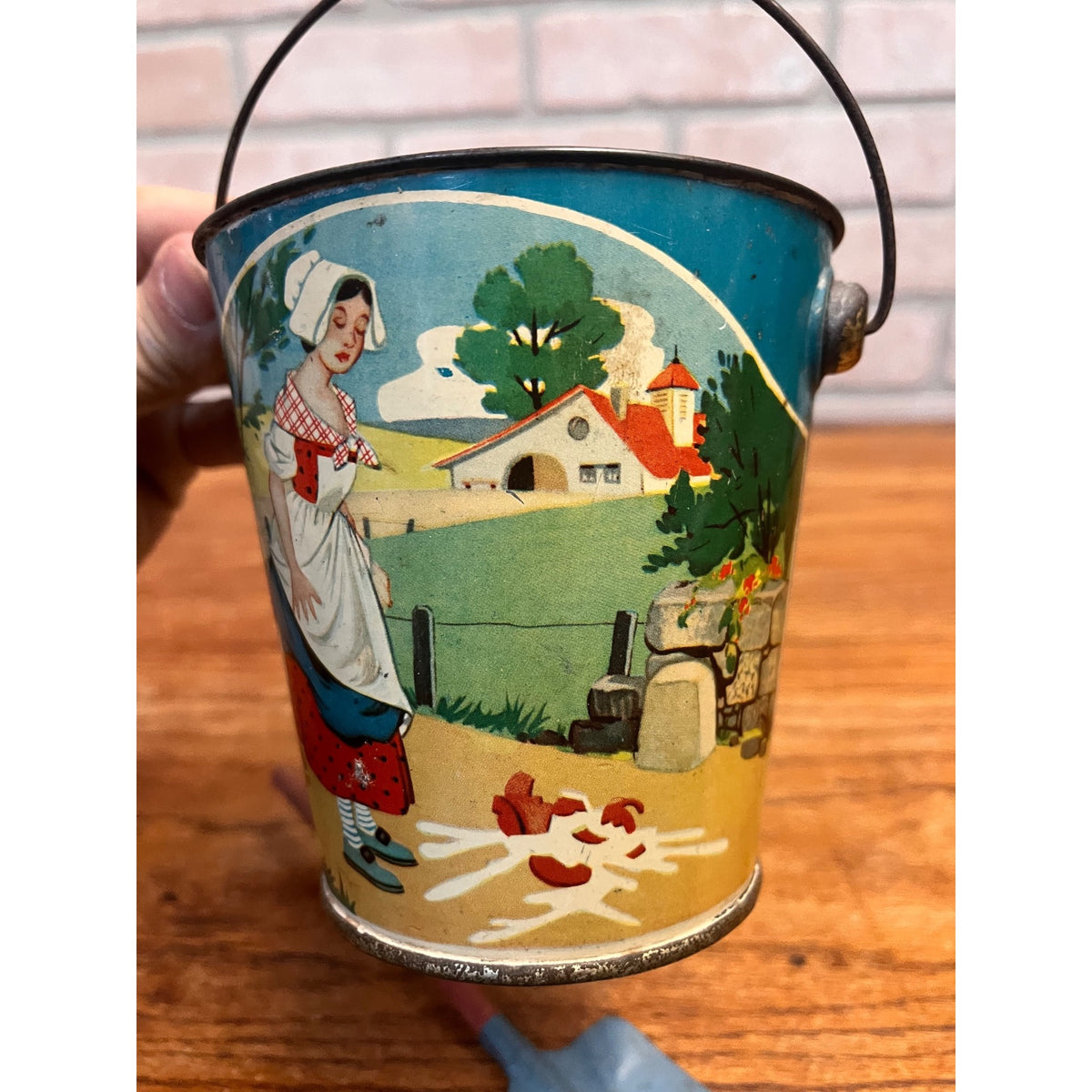RARE Vintage Child's Sand Pail Toy Tin Litho Milkmaid & Her Bucket Aesop Fable