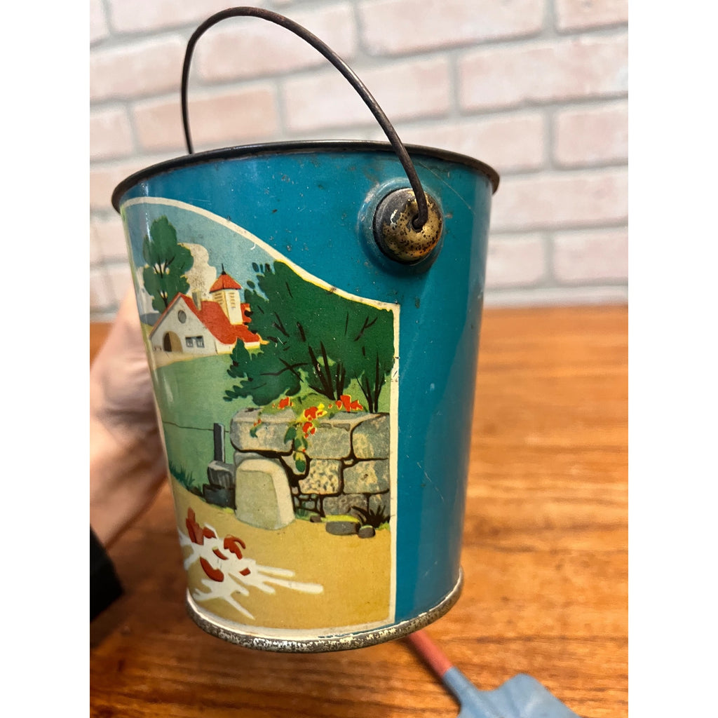 RARE Vintage Child's Sand Pail Toy Tin Litho Milkmaid & Her Bucket Aesop Fable
