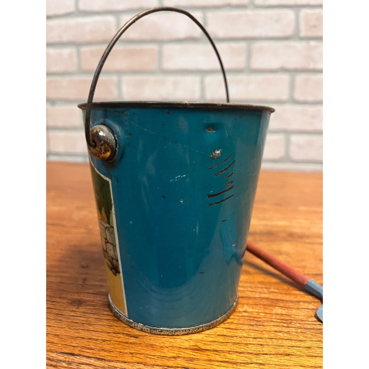 RARE Vintage Child's Sand Pail Toy Tin Litho Milkmaid & Her Bucket Aesop Fable