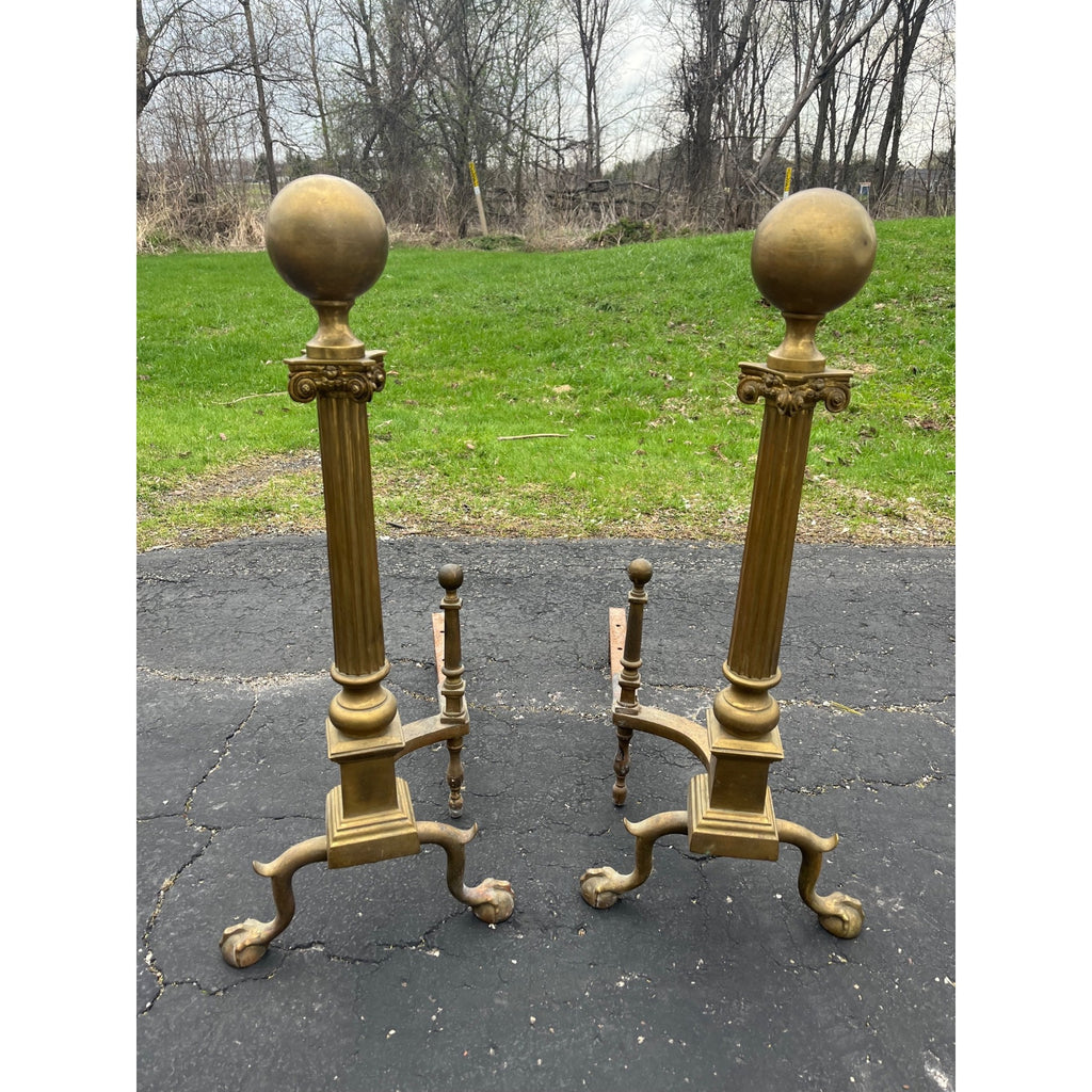 Antique Brass Claw Foot Fireplace Log Holder Andirons Heavy 31" Vintage