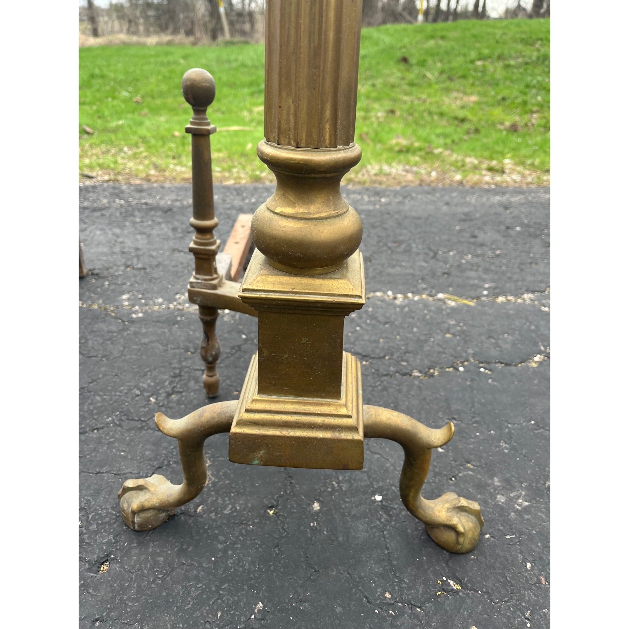 Antique Brass Claw Foot Fireplace Log Holder Andirons Heavy 31" Vintage