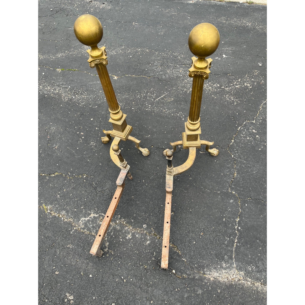 Antique Brass Claw Foot Fireplace Log Holder Andirons Heavy 31" Vintage