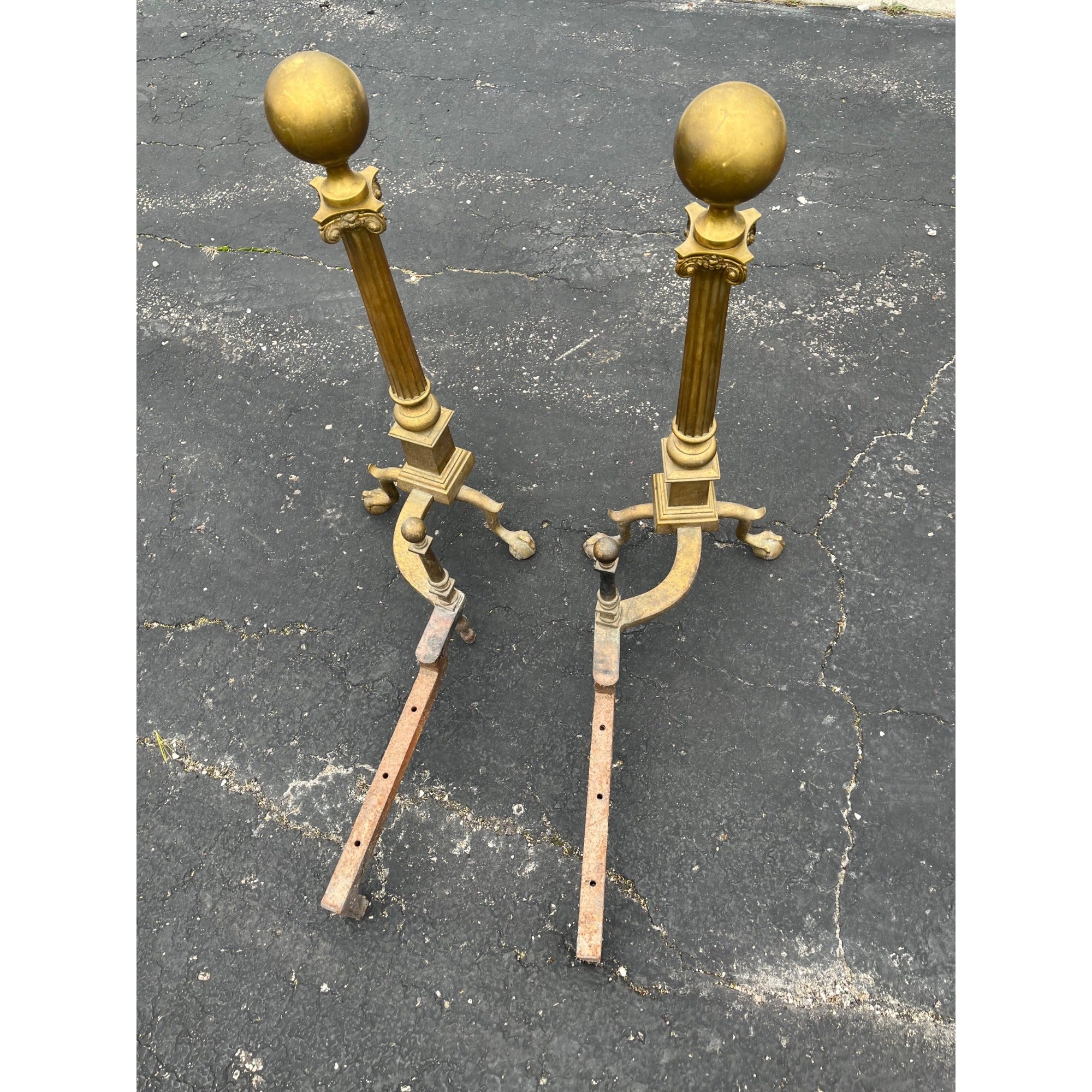 Antique Brass Claw Foot Fireplace Log Holder Andirons Heavy 31" Vintage