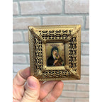 Vintage Ornate Gold Gilt Metal Framed Madonna & Child Reverse Painted Glass Icon