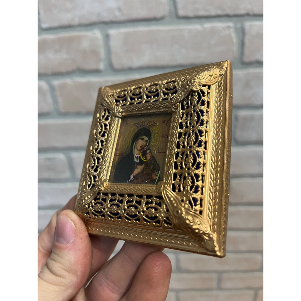 Vintage Ornate Gold Gilt Metal Framed Madonna & Child Reverse Painted Glass Icon