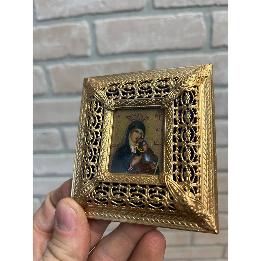 Vintage Ornate Gold Gilt Metal Framed Madonna & Child Reverse Painted Glass Icon