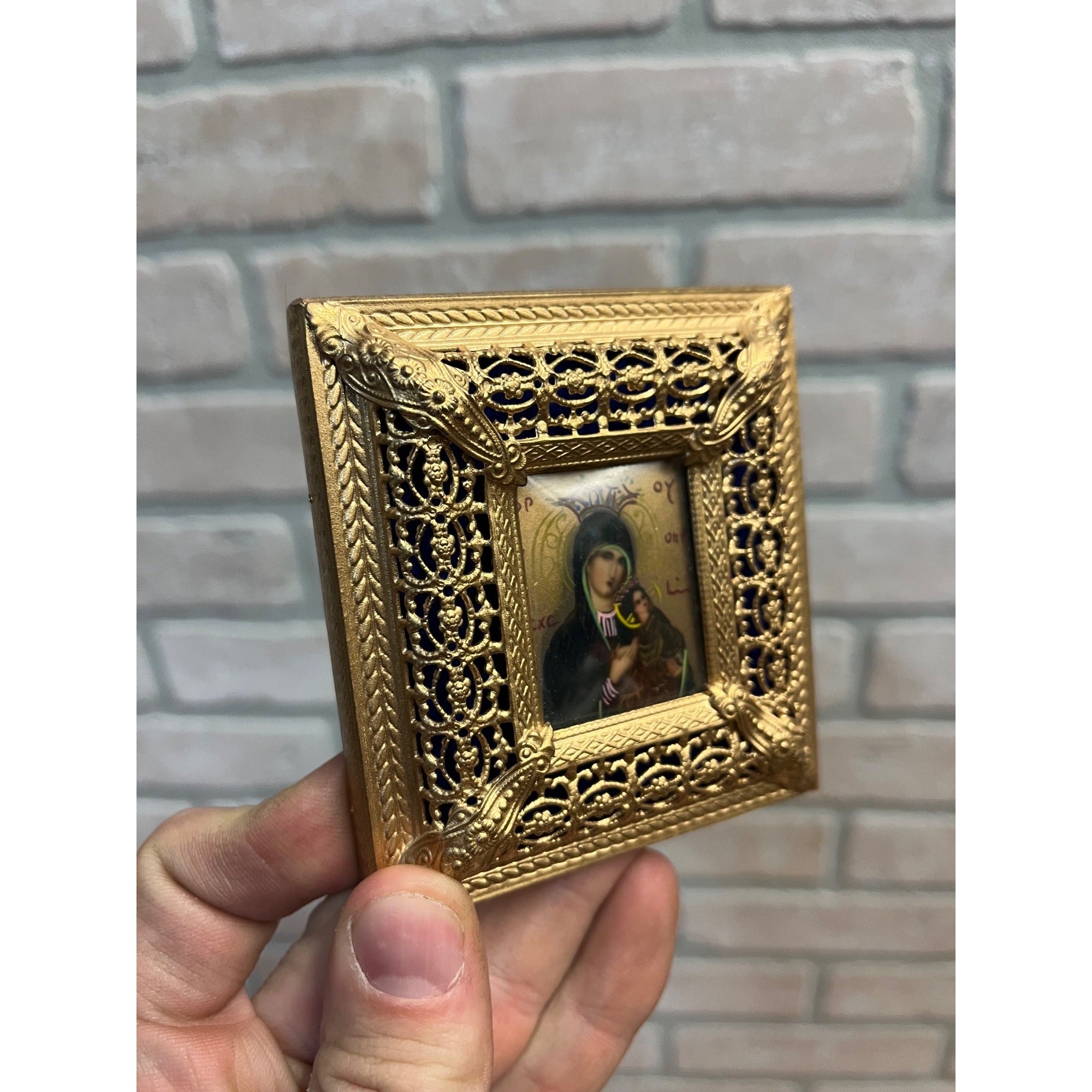 Vintage Ornate Gold Gilt Metal Framed Madonna & Child Reverse Painted Glass Icon