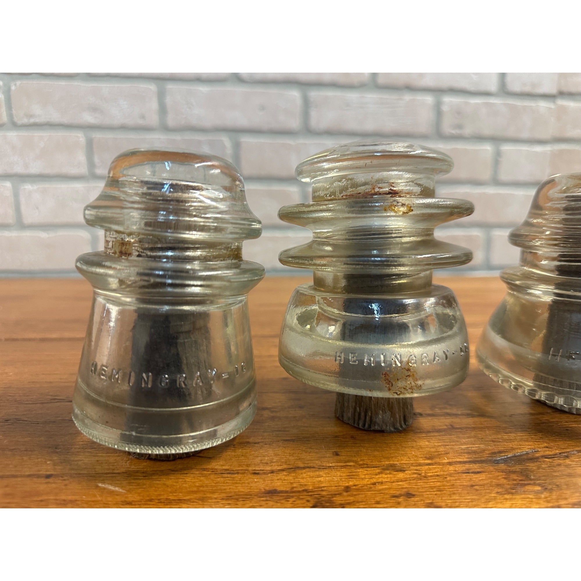 Antique Lot (3) Clear Glass Hemingray Insulators on Wood Pegs 16, 56, 42