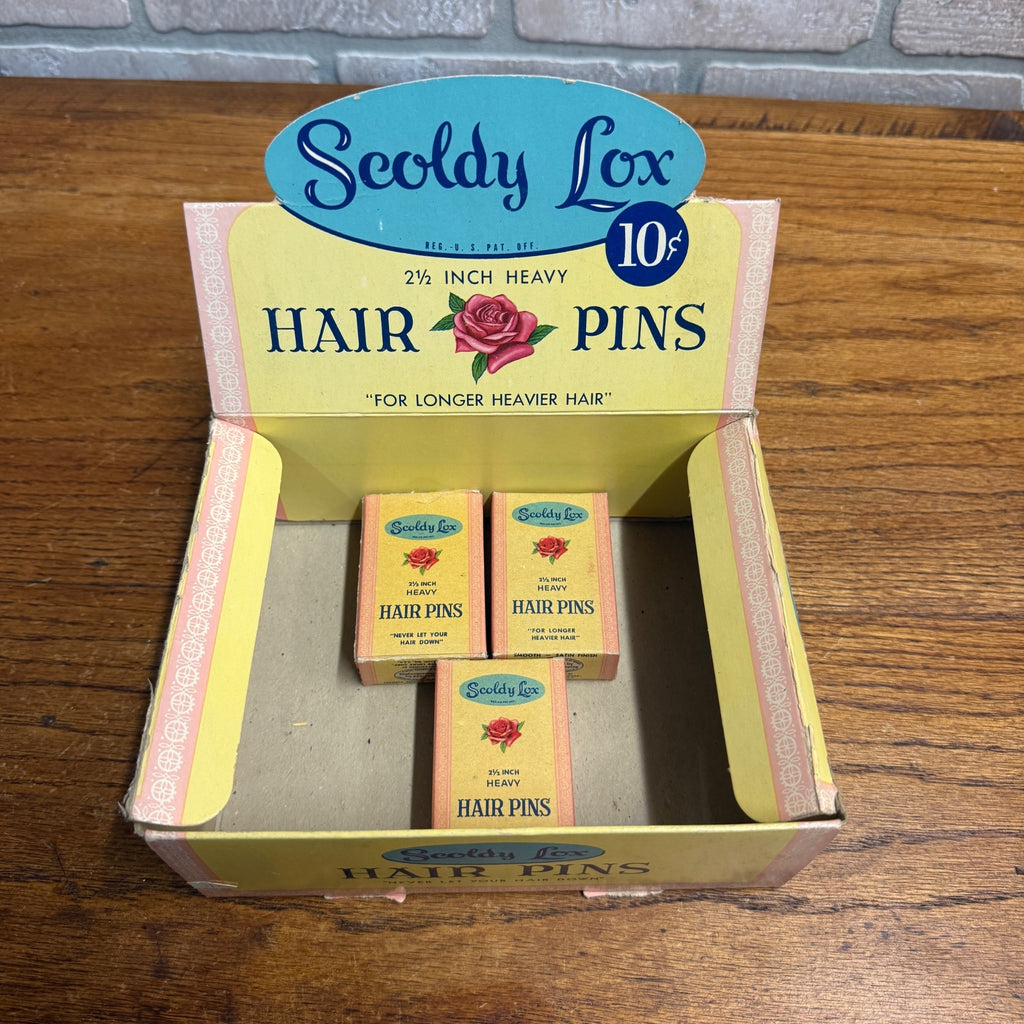 Vintage 1950s Scoldy Lox Hair Pins Advertising Sign Store Display Box w/ NOS