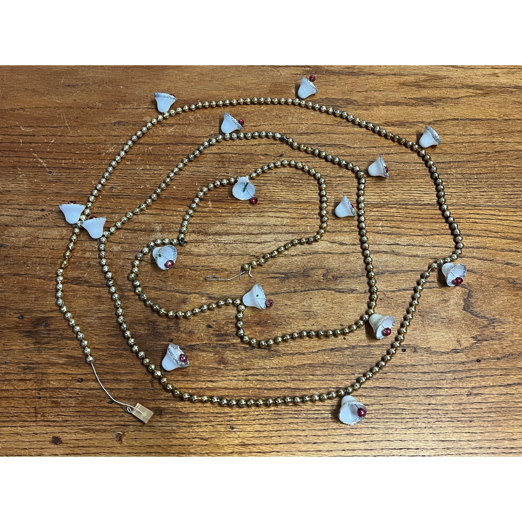 Vintage Gold Glass Beaded Christmas Garland w/ White Bells Feather Tree 9ft