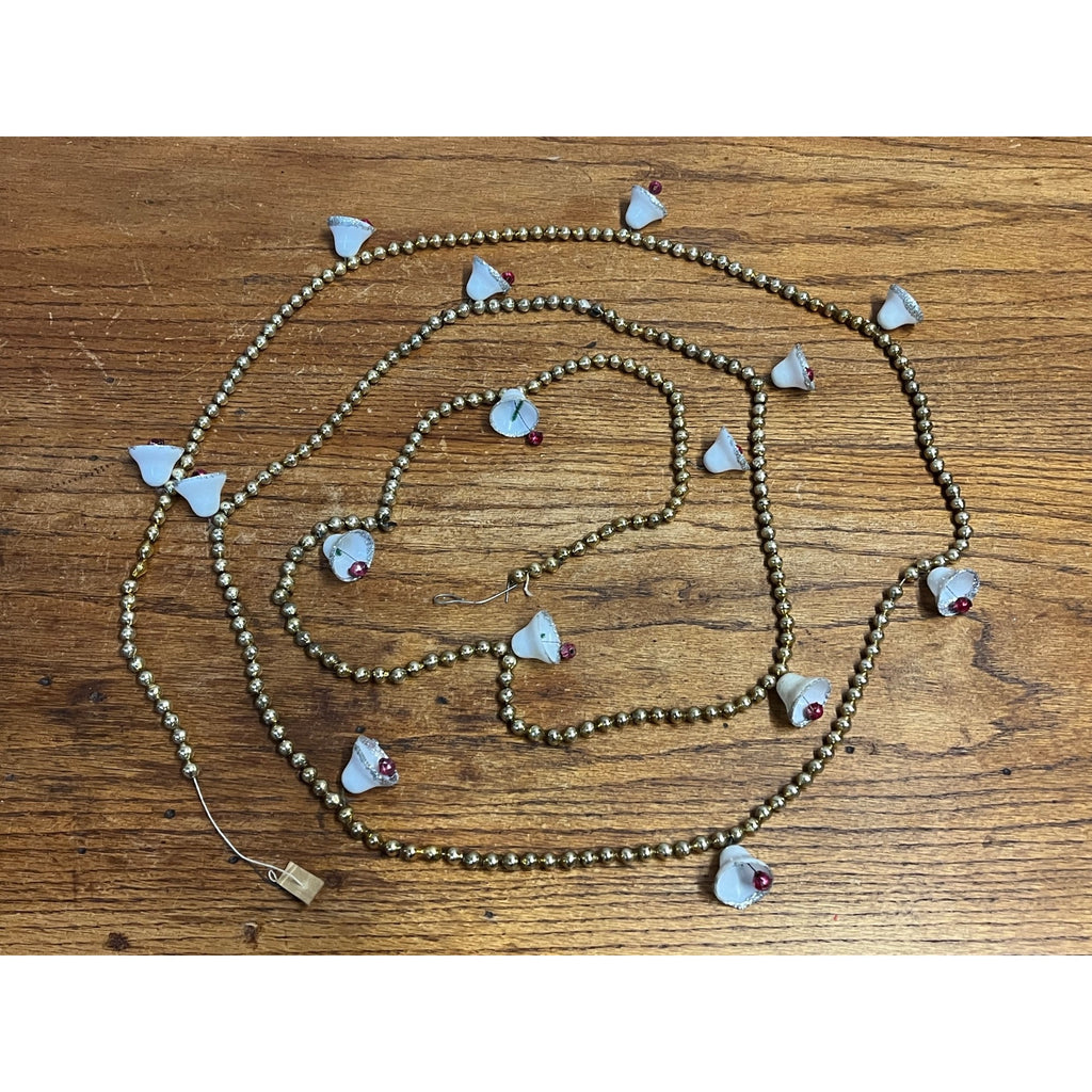 Vintage Gold Glass Beaded Christmas Garland w/ White Bells Feather Tree 9ft