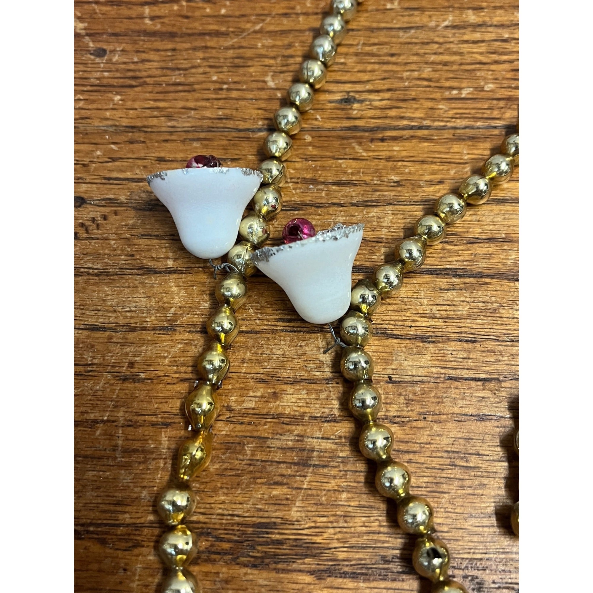Vintage Gold Glass Beaded Christmas Garland w/ White Bells Feather Tree 9ft
