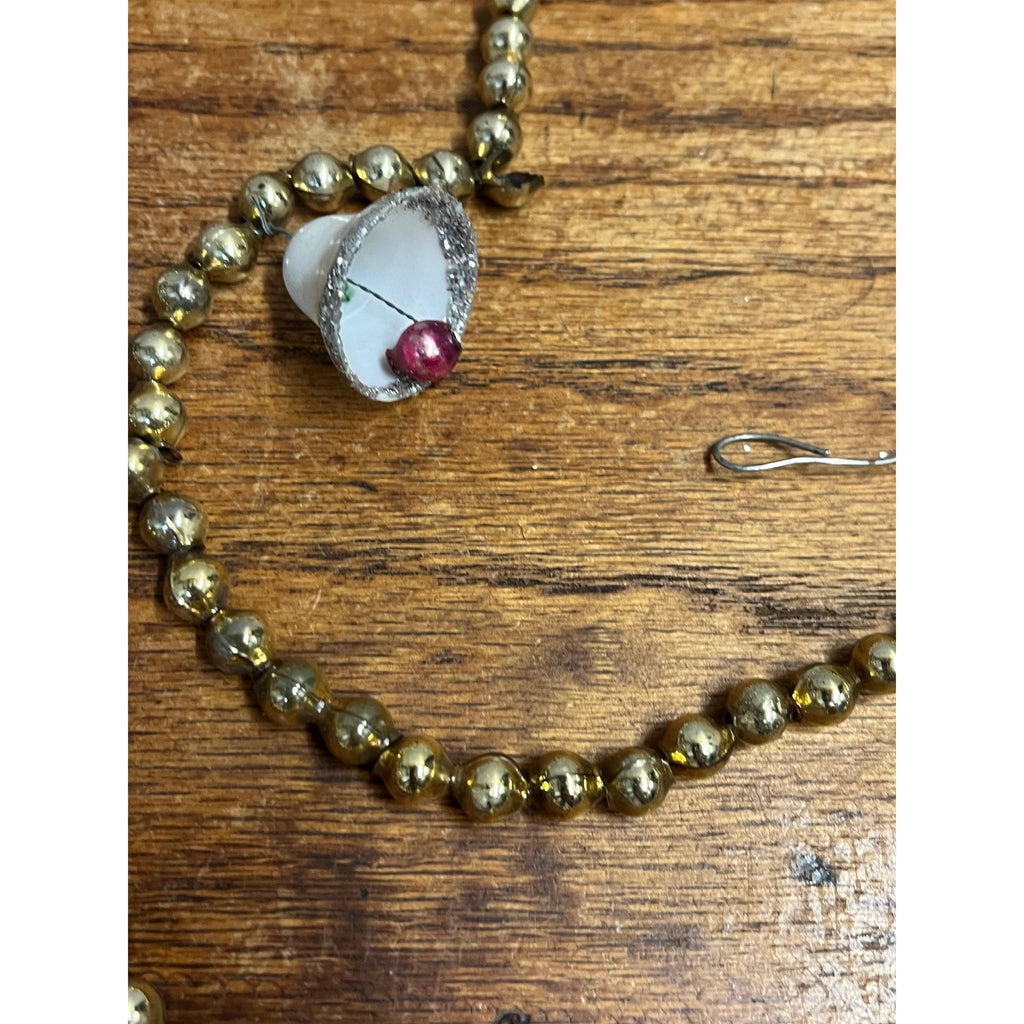 Vintage Gold Glass Beaded Christmas Garland w/ White Bells Feather Tree 9ft
