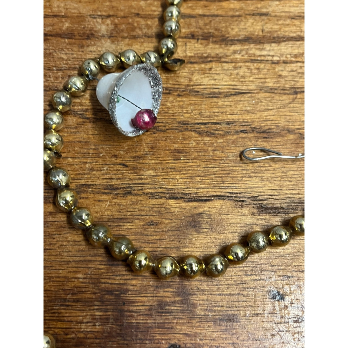 Vintage Gold Glass Beaded Christmas Garland w/ White Bells Feather Tree 9ft