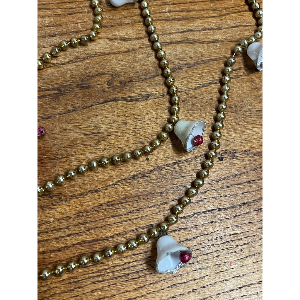 Vintage Gold Glass Beaded Christmas Garland w/ White Bells Feather Tree 9ft