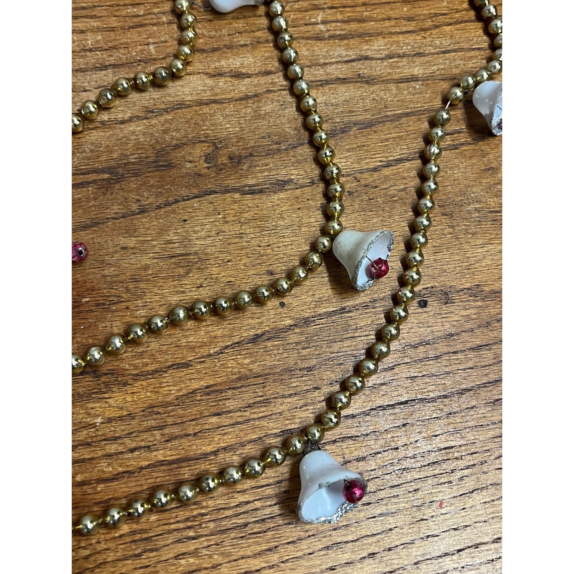 Vintage Gold Glass Beaded Christmas Garland w/ White Bells Feather Tree 9ft