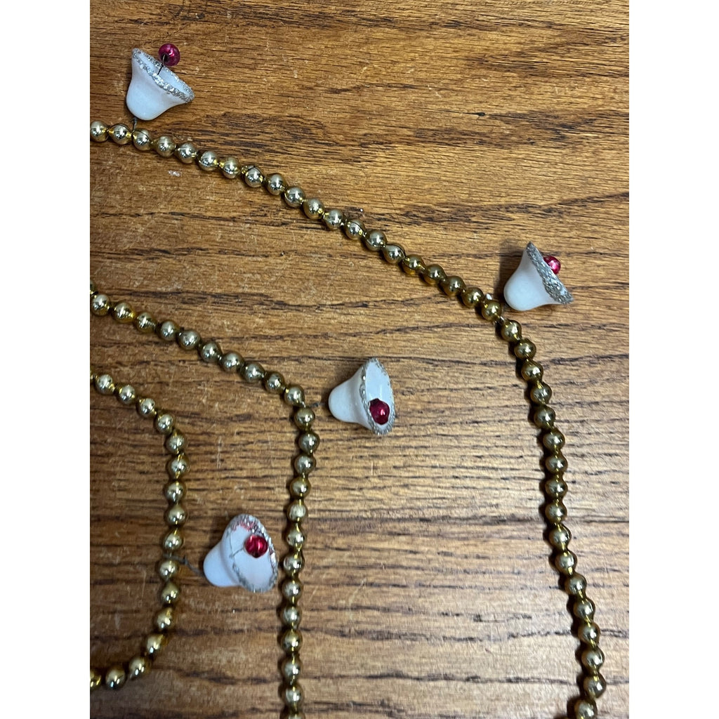 Vintage Gold Glass Beaded Christmas Garland w/ White Bells Feather Tree 9ft