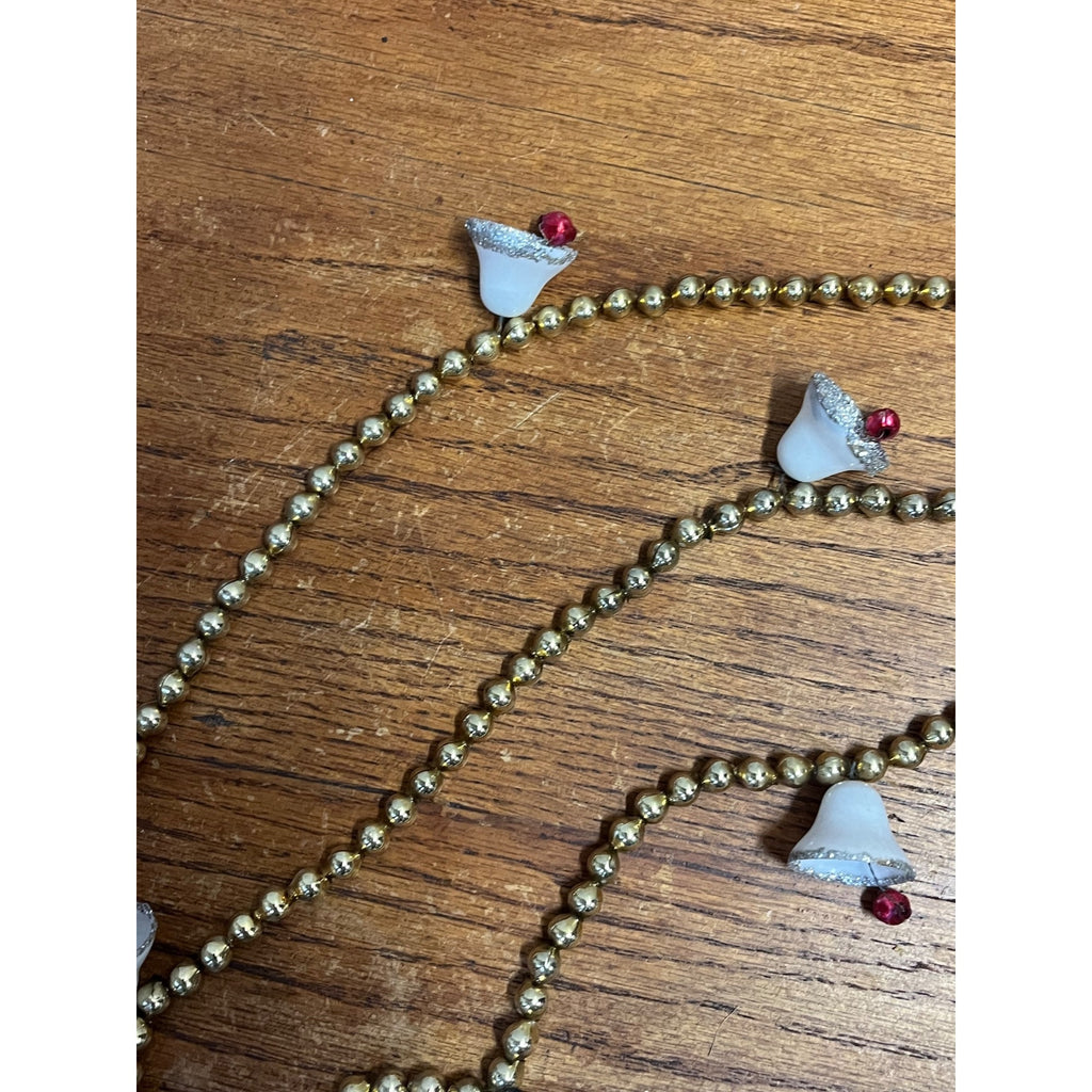 Vintage Gold Glass Beaded Christmas Garland w/ White Bells Feather Tree 9ft