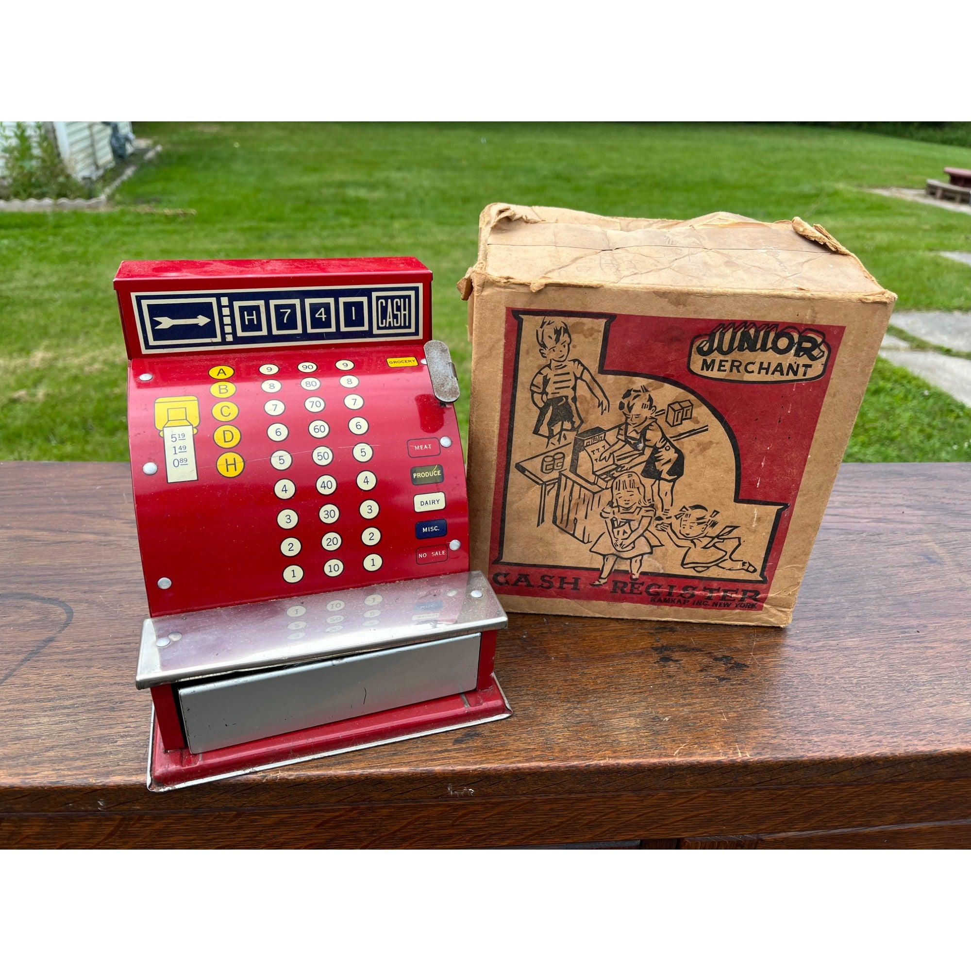 Vintage Junior Merchant Toy Register w/ Original Box & Play Currency