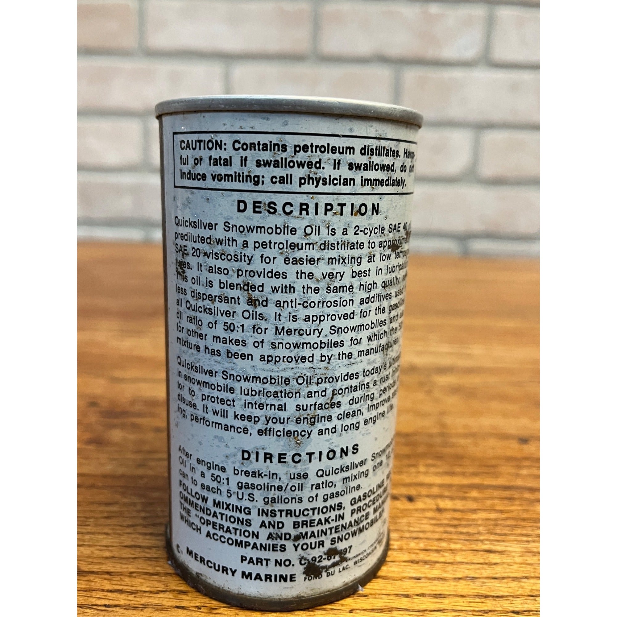 Vintage Mercury Quicksilver Snowmobile Oil 12 Fluid Ounces Pull-Tab Can SAE 20