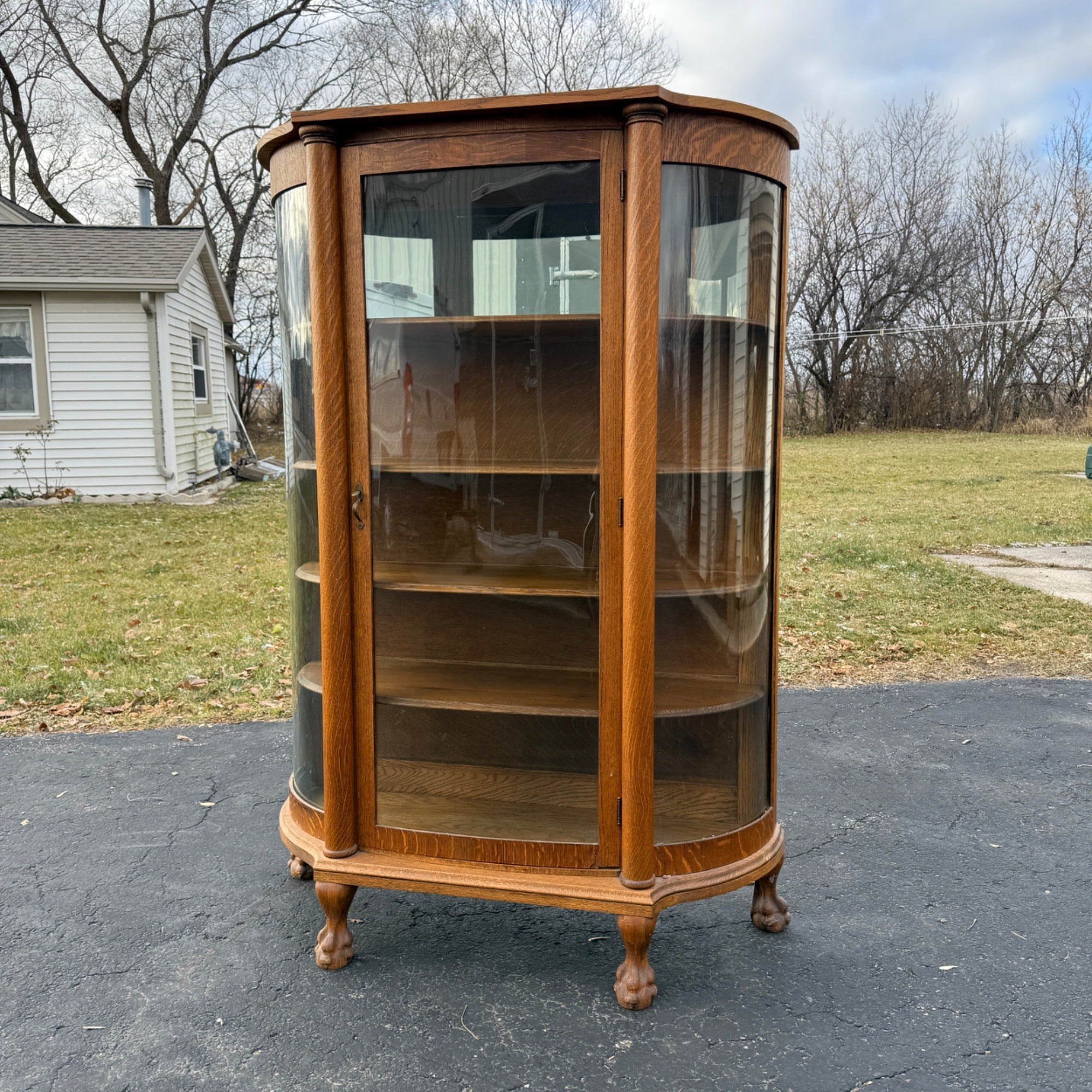 Antique Oak Curved Glass Display Cabinet Bookcase Hutch Mirror