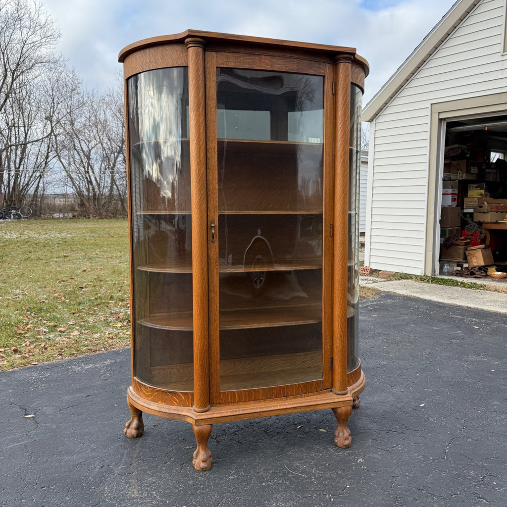 Antique Oak Curved Glass Display Cabinet Bookcase Hutch Mirror