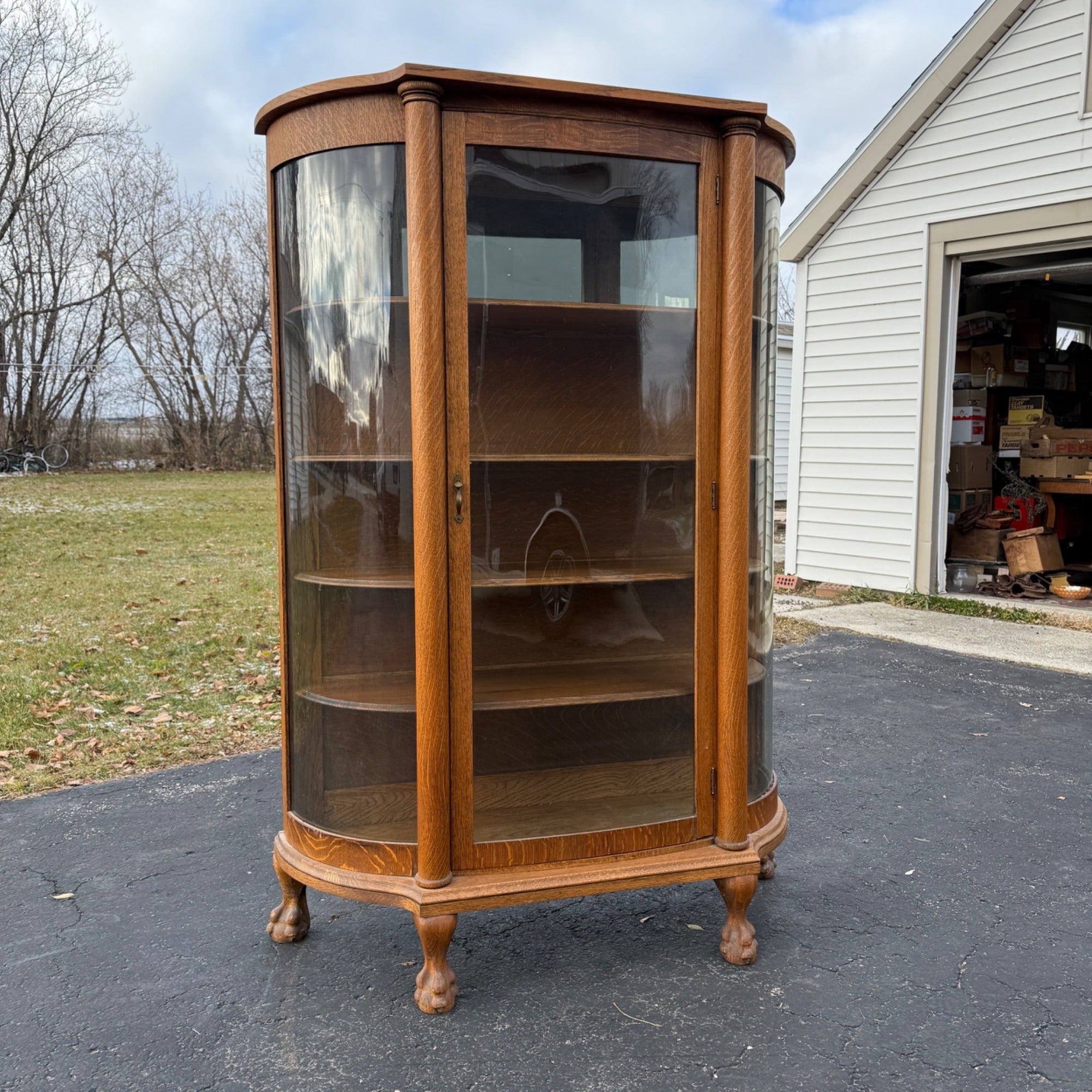 Antique Oak Curved Glass Display Cabinet Bookcase Hutch Mirror