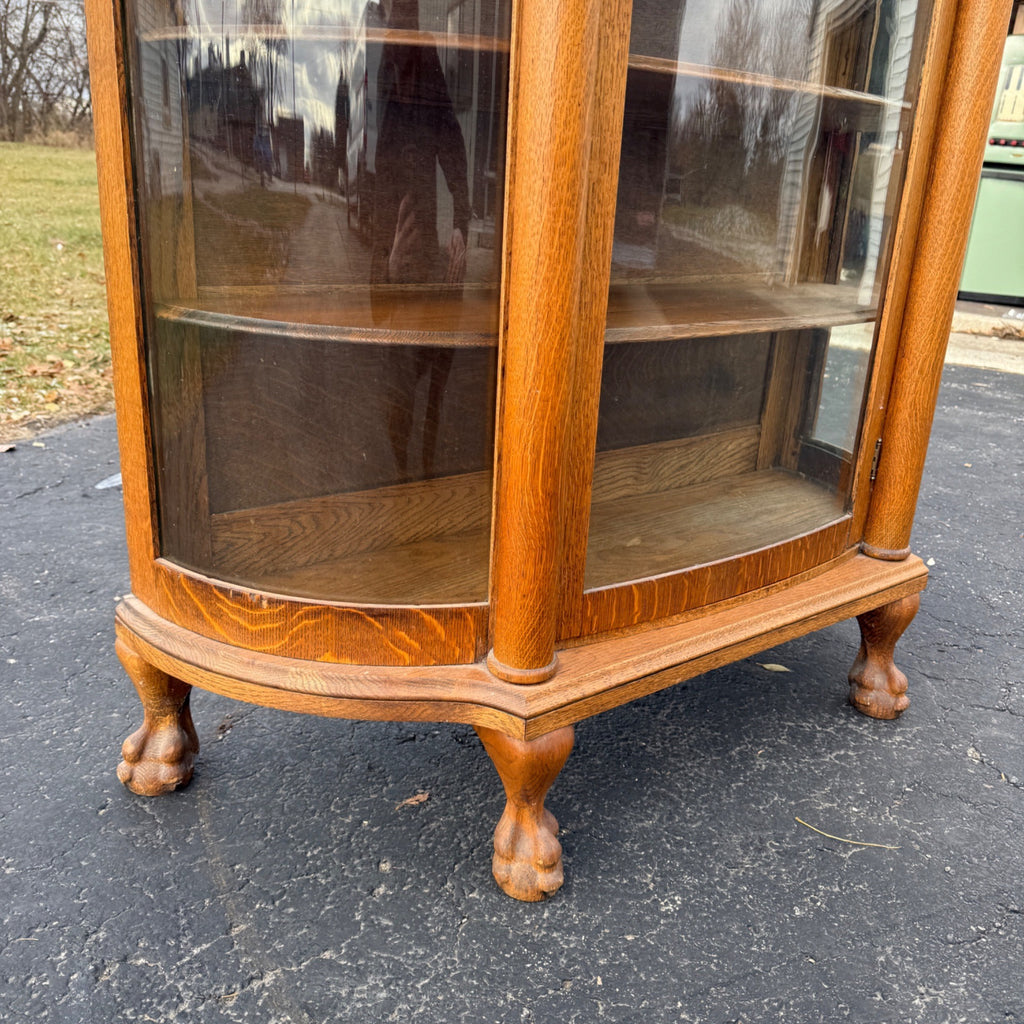 Antique Oak Curved Glass Display Cabinet Bookcase Hutch Mirror