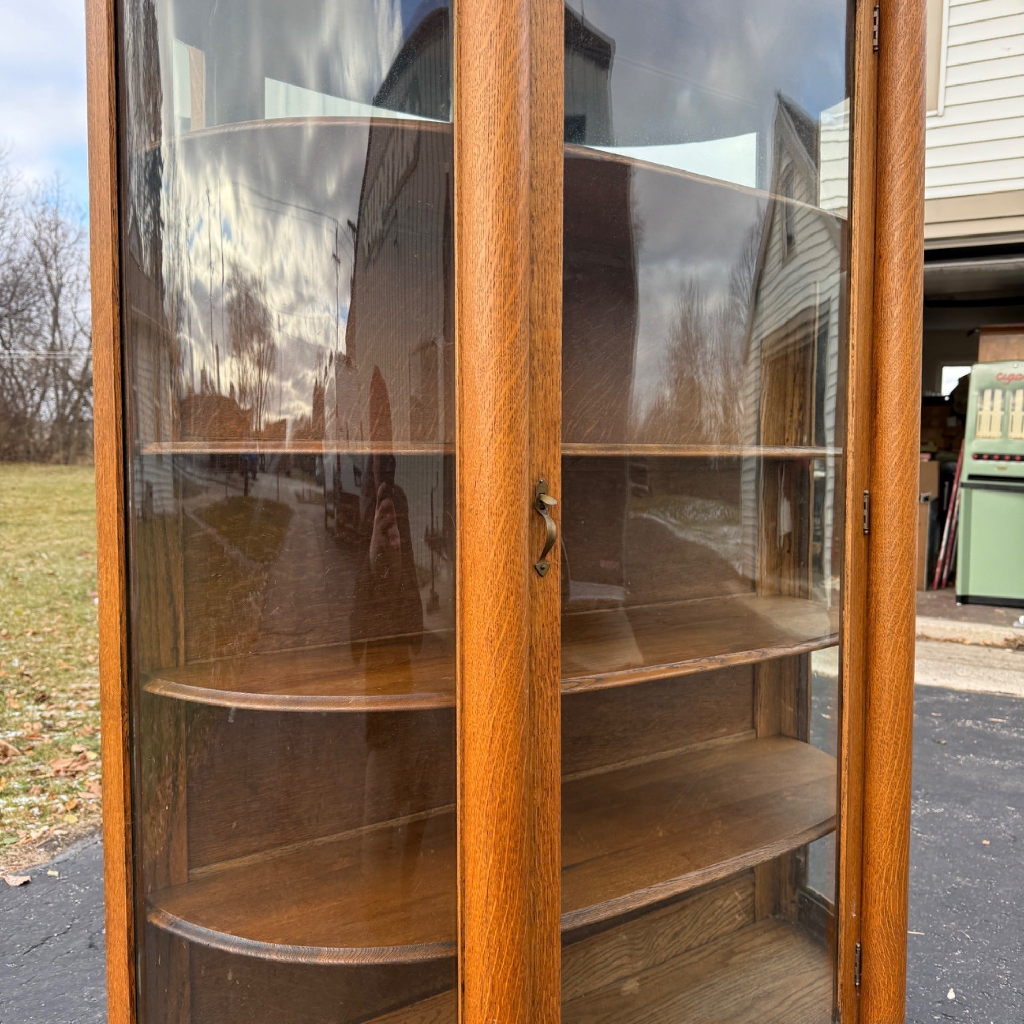 Antique Oak Curved Glass Display Cabinet Bookcase Hutch Mirror