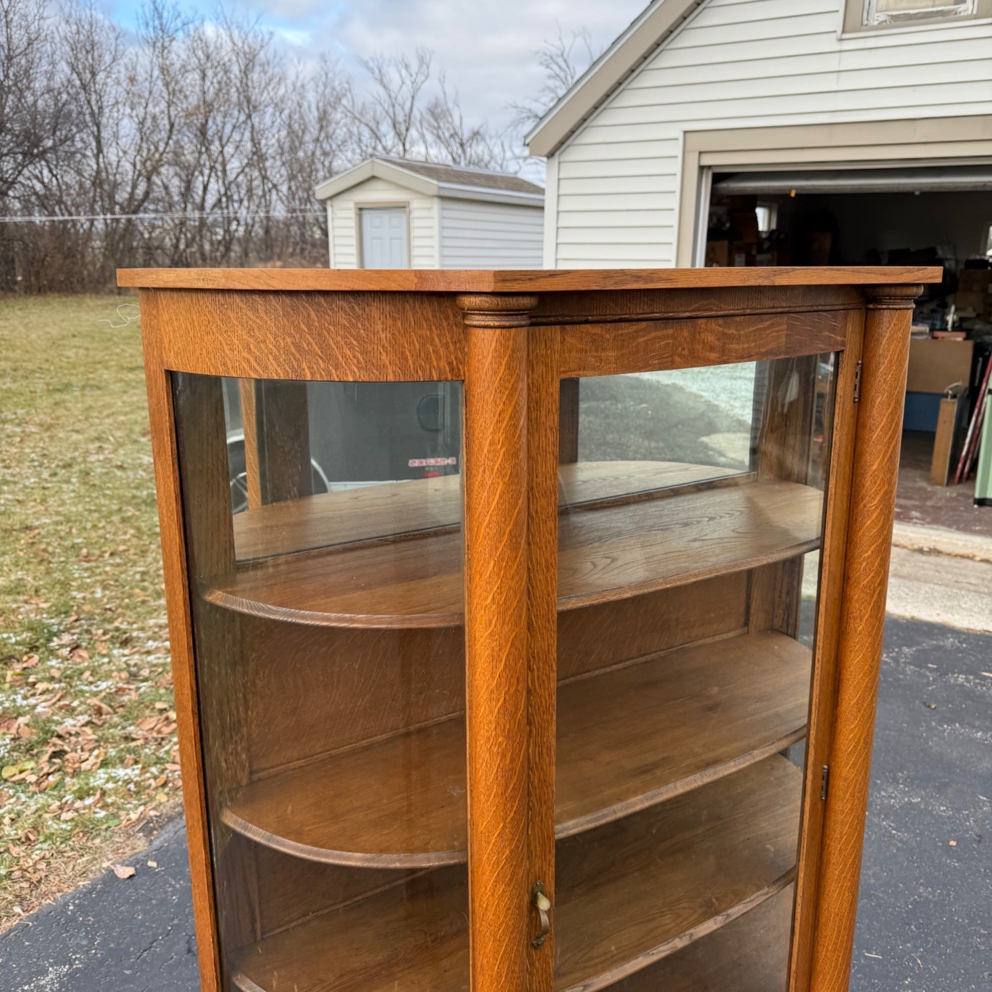 Antique Oak Curved Glass Display Cabinet Bookcase Hutch Mirror