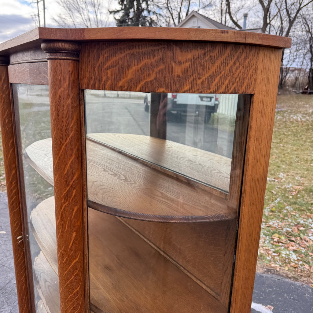 Antique Oak Curved Glass Display Cabinet Bookcase Hutch Mirror
