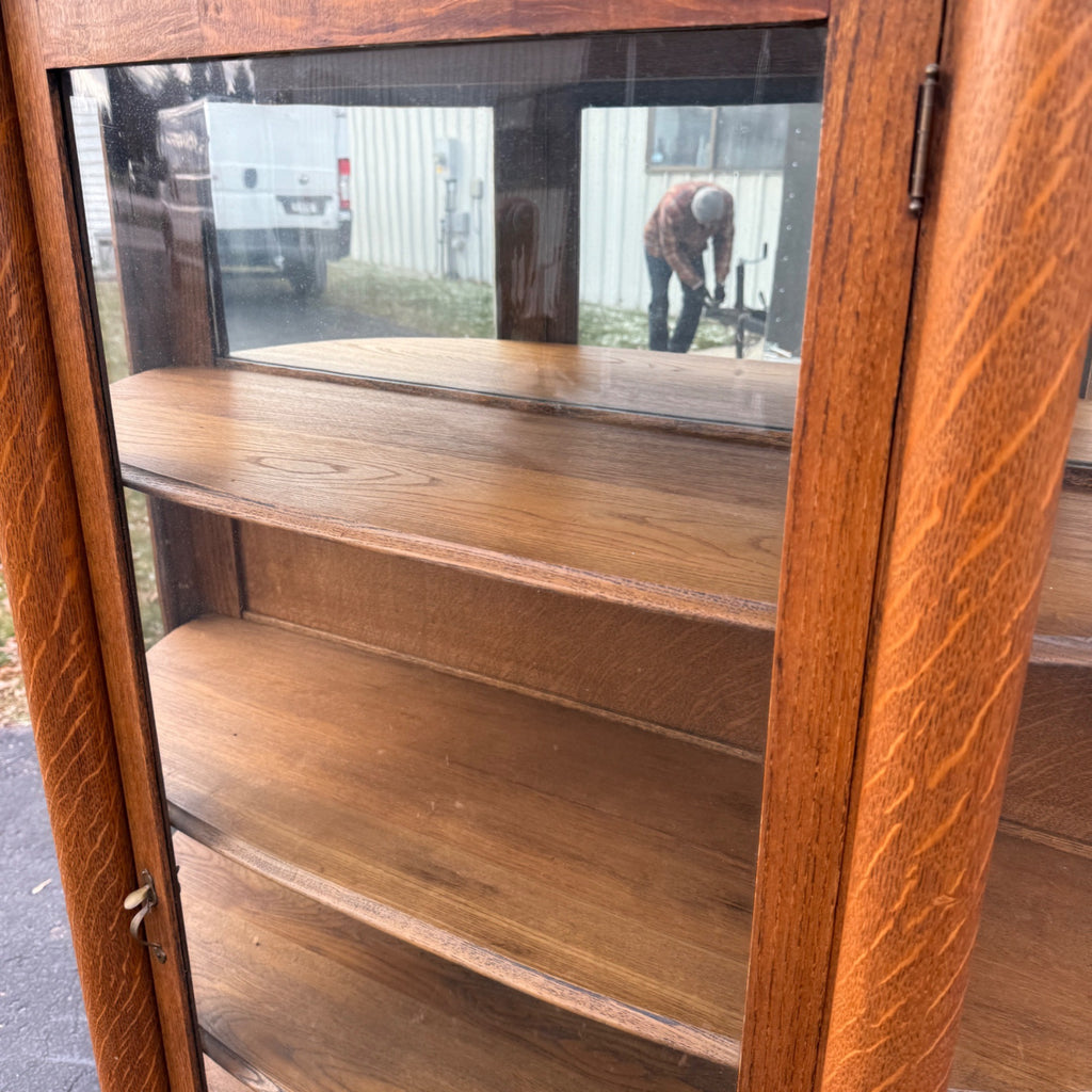 Antique Oak Curved Glass Display Cabinet Bookcase Hutch Mirror