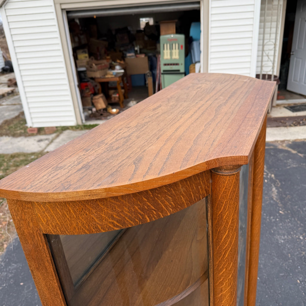 Antique Oak Curved Glass Display Cabinet Bookcase Hutch Mirror