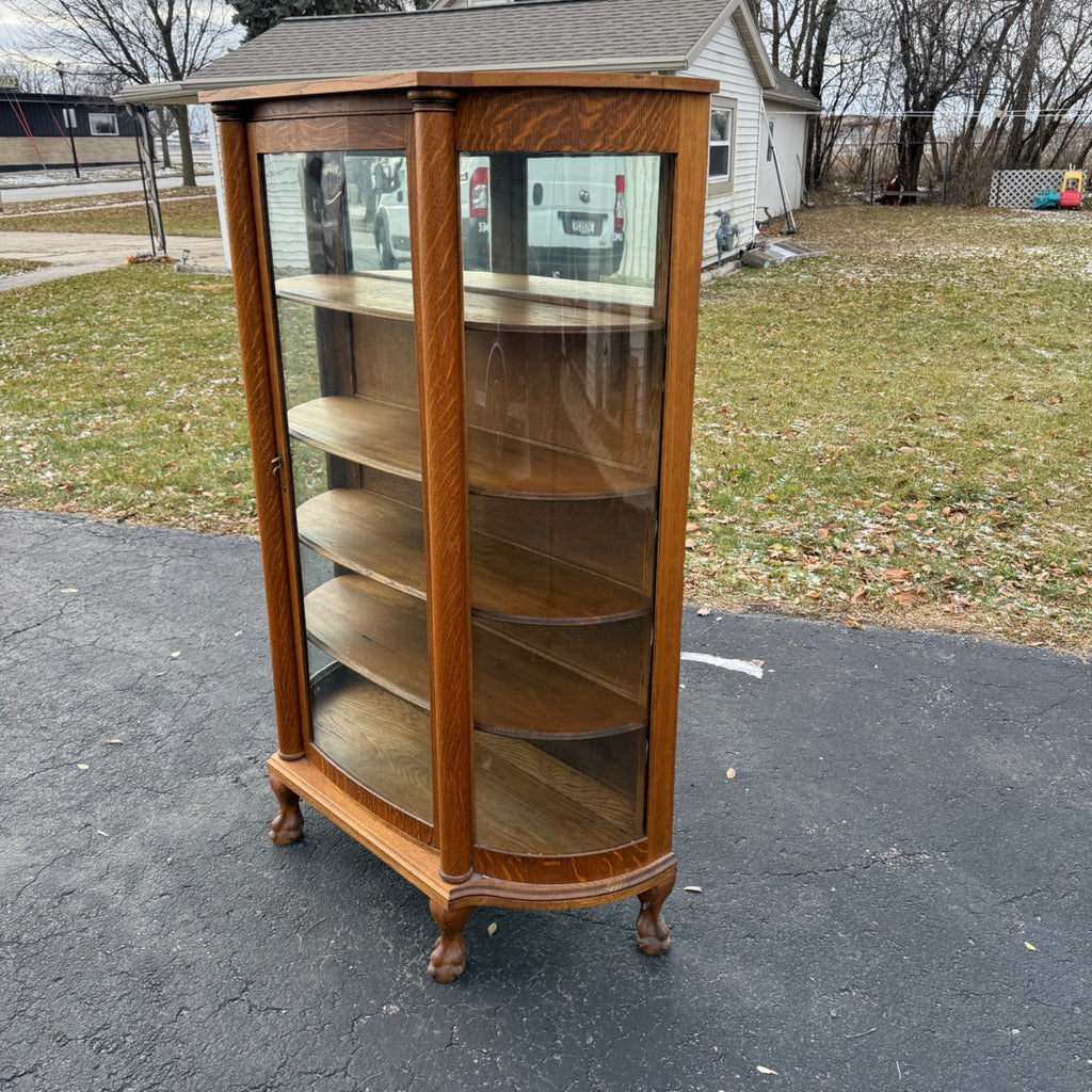 Antique Oak Curved Glass Display Cabinet Bookcase Hutch Mirror