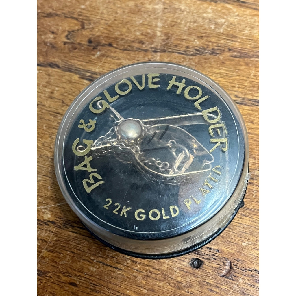 Vintage 22k Gold Plated Bag & Glove Holder Folding Table Arm Original Round Box