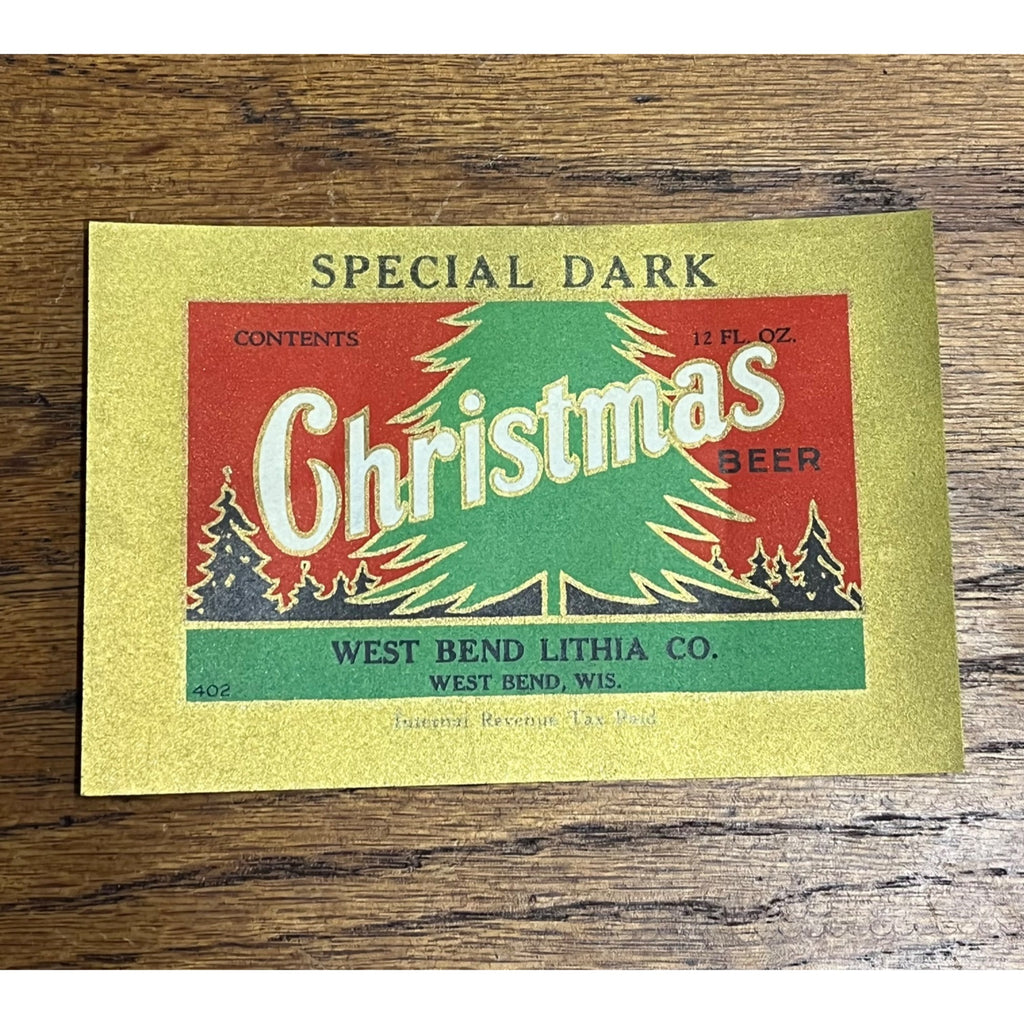 1940s Christmas Beer Bottle Label IRTP West Bend Lithia Co. Wis Wisconsin