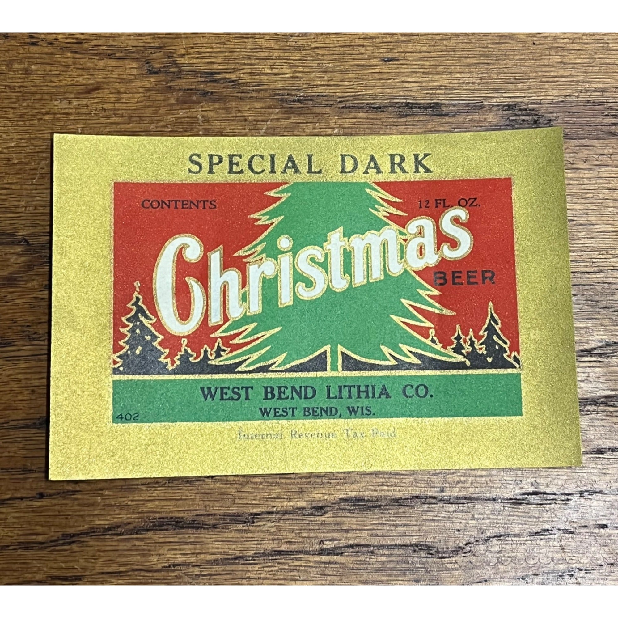 1940s Christmas Beer Bottle Label IRTP West Bend Lithia Co. Wis Wisconsin