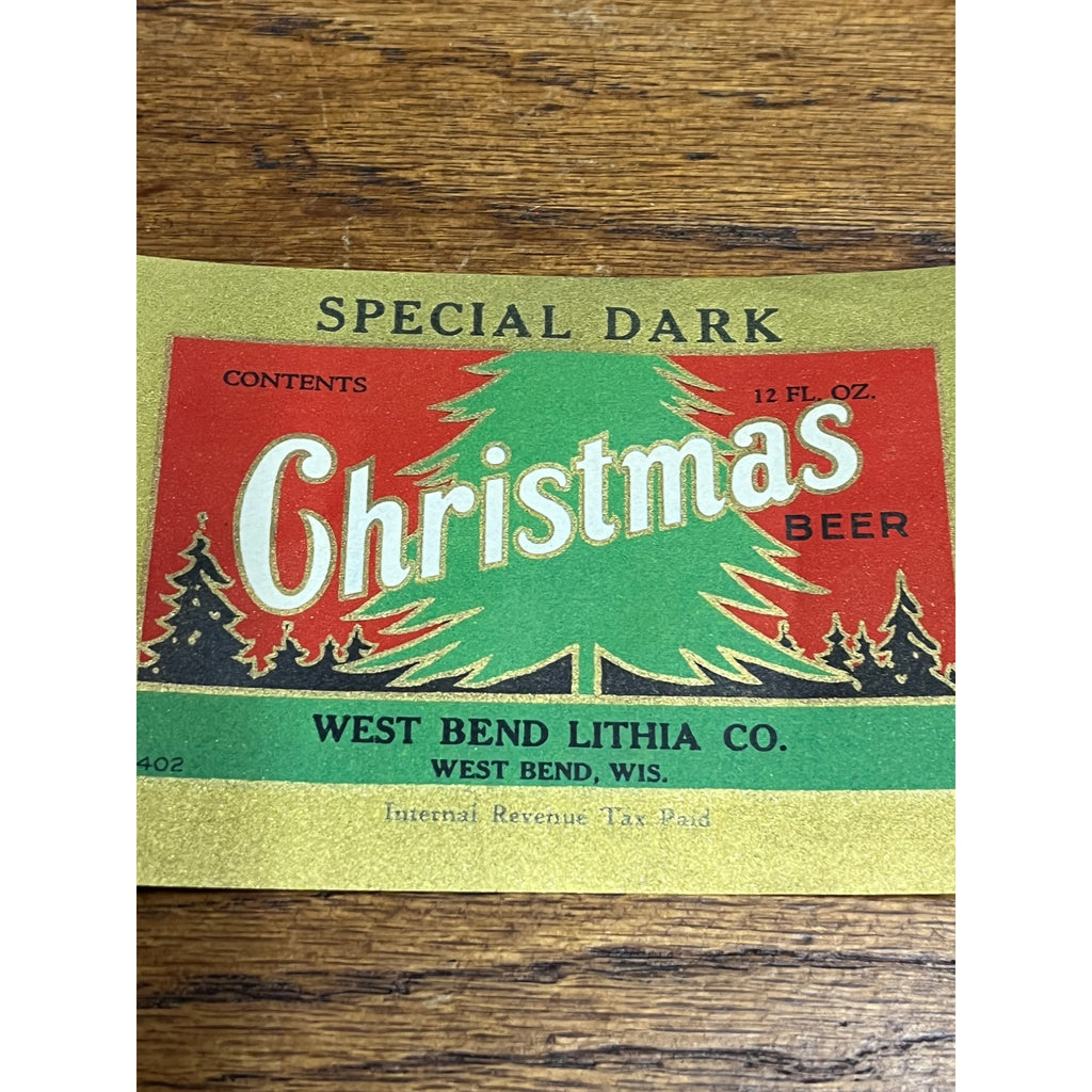 1940s Christmas Beer Bottle Label IRTP West Bend Lithia Co. Wis Wisconsin