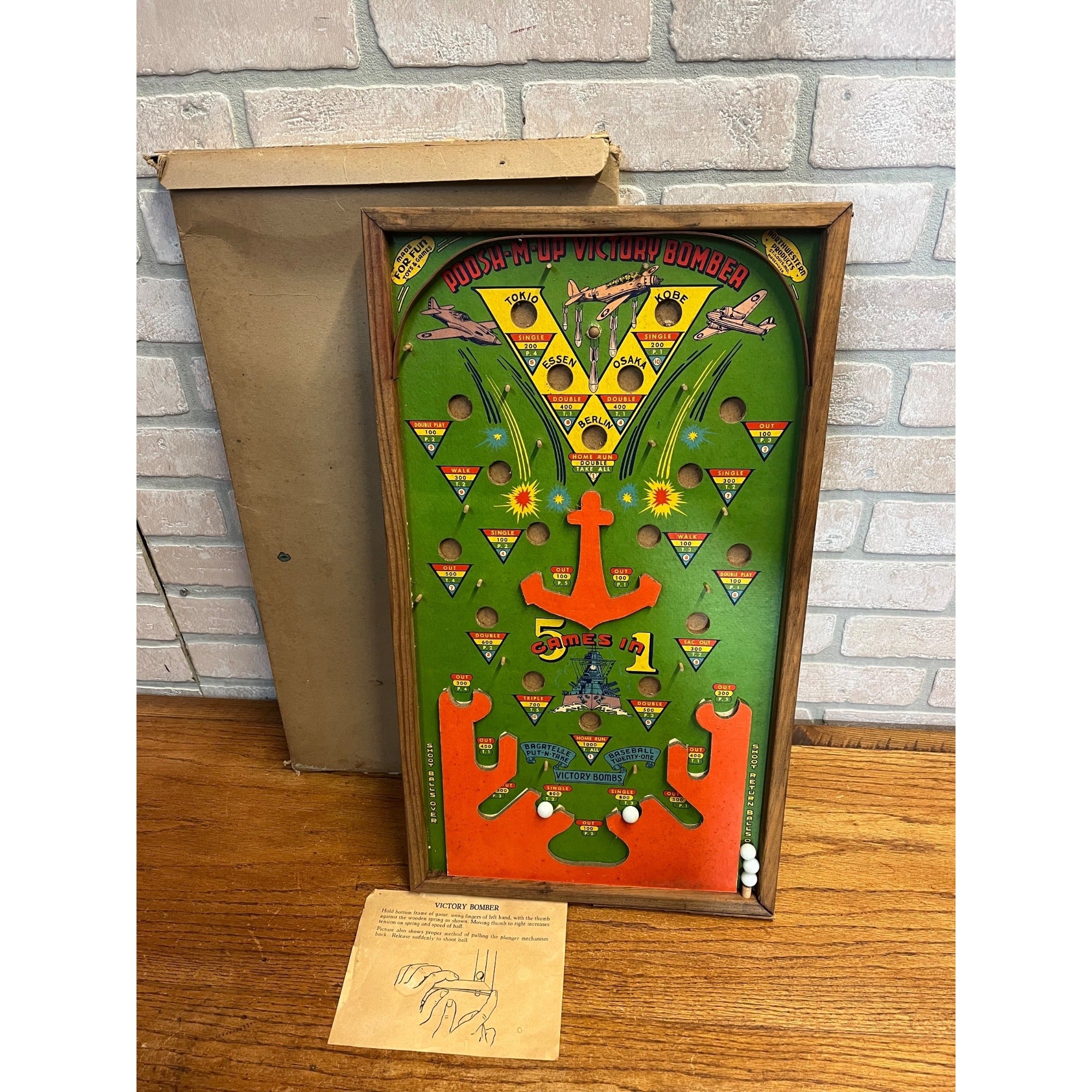 Vintage 1940s WWII Victory Bomber Poosh-M-Up Table Pinball Game w/ Original Box!