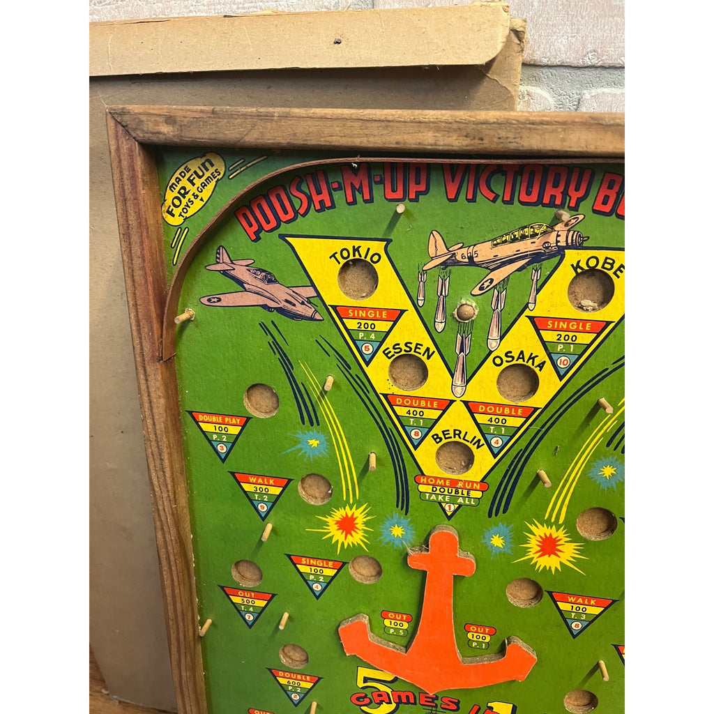 Vintage 1940s WWII Victory Bomber Poosh-M-Up Table Pinball Game w/ Original Box!