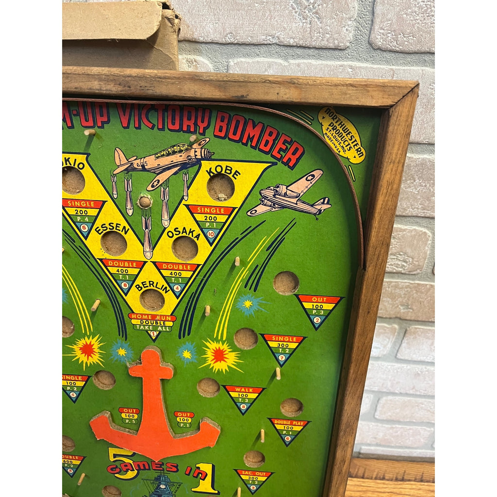 Vintage 1940s WWII Victory Bomber Poosh-M-Up Table Pinball Game w/ Original Box!